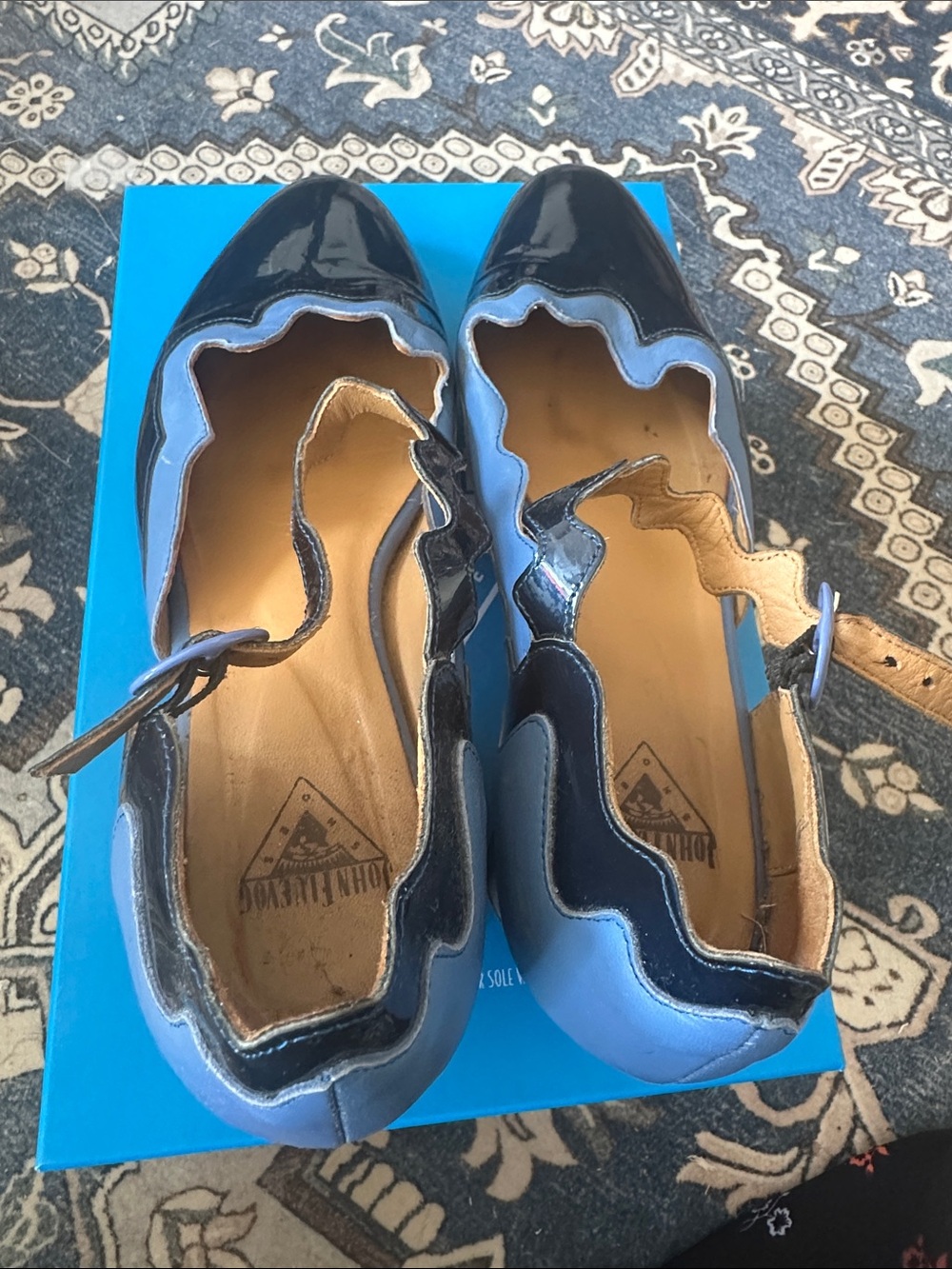 John Fluevog “Fairway” Scalloped Patent Mary Jane Flats - Light Blue & Black